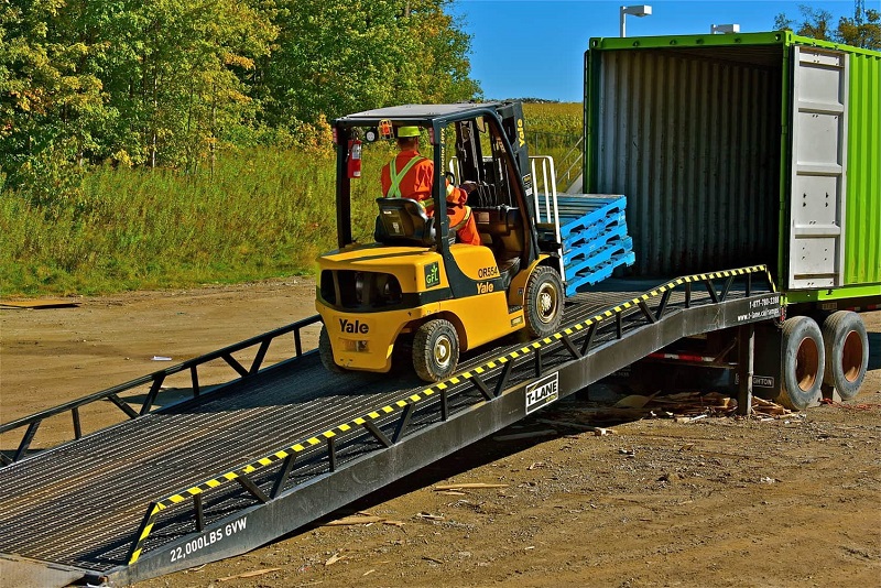Forklift on ramp attached on truck